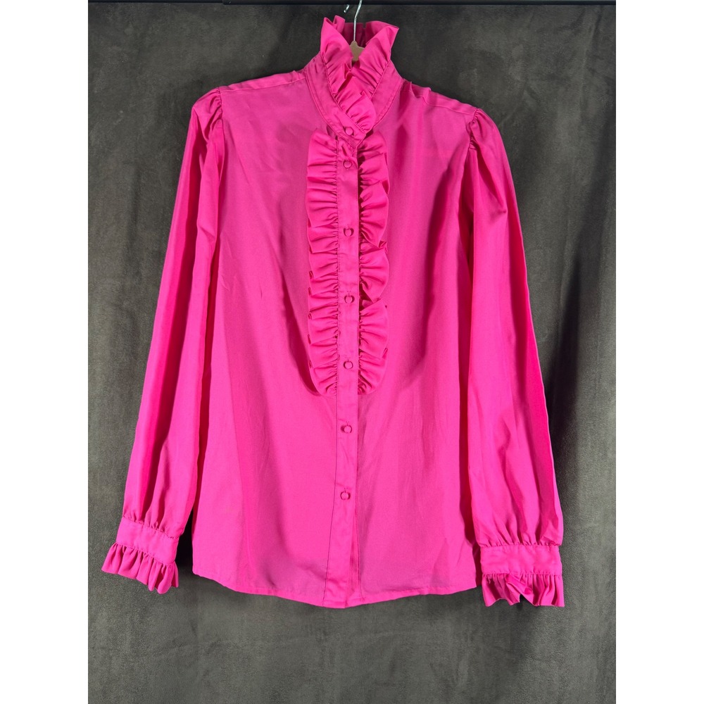 Alicia Vintage Hot Pink Ruffle High Neck Blouse Long Sleeve Button Up Tall 12